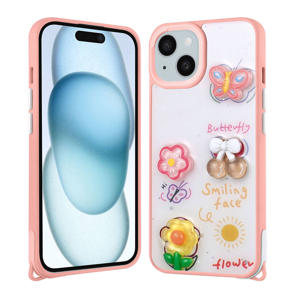 Kelebekler, çiçekler, kirazlar ve güneş simgeleri olan pembe iPhone kılıfı.