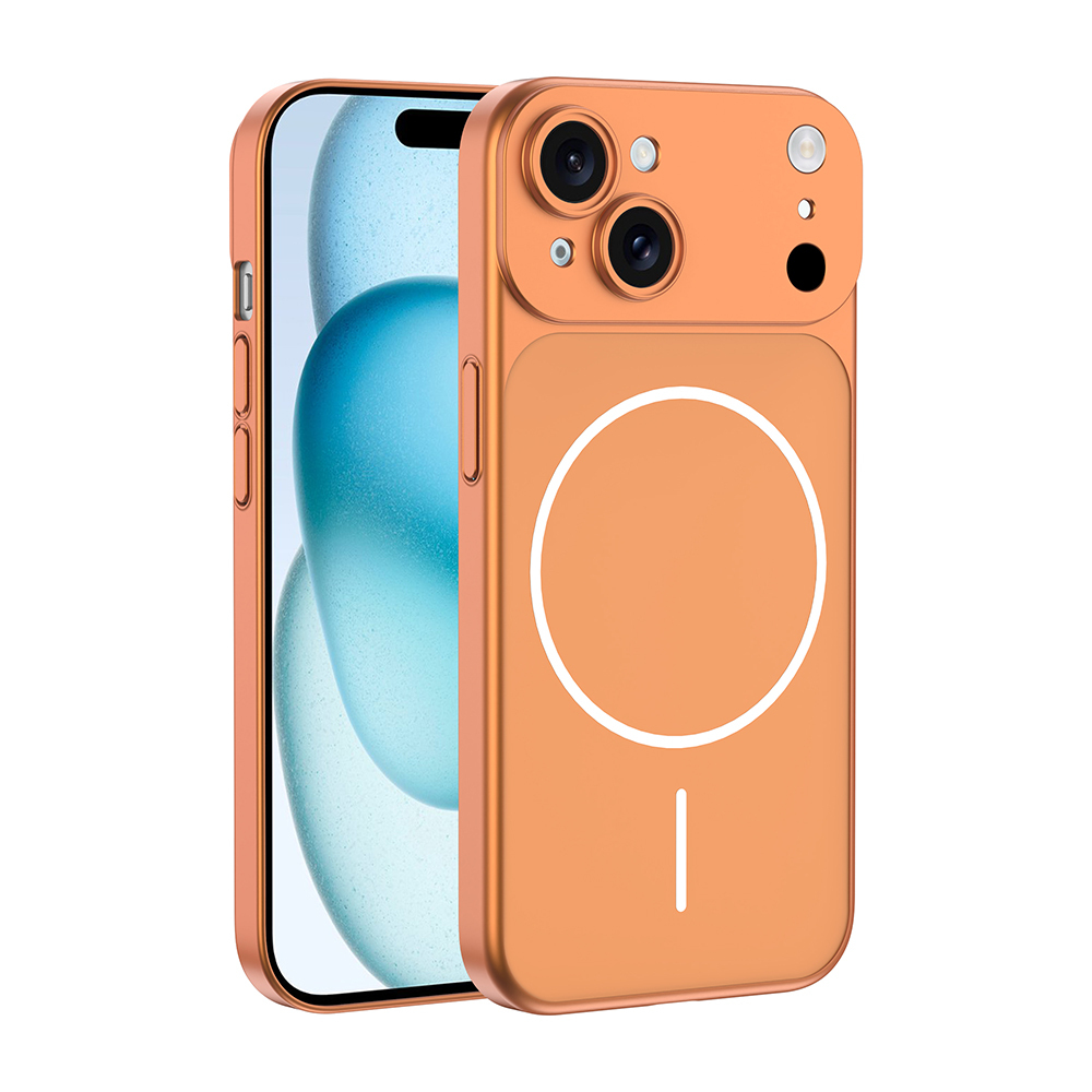 Kamera çıkıntılı ve manyetik şarj halkalı turuncu telefon kılıfı.