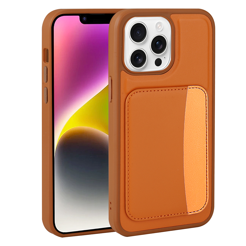 iPhone'u koruyan arkasında kart yuvası bulunan turuncu telefon kılıfı.