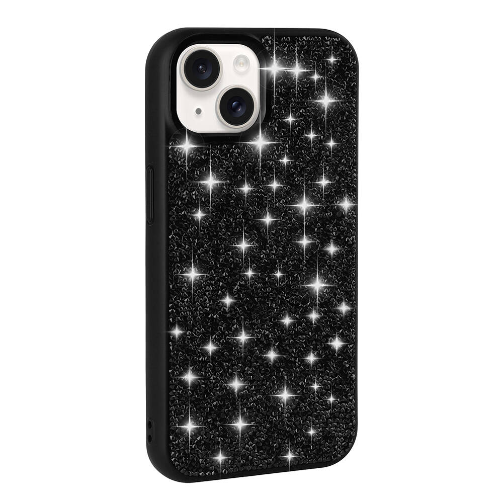 Simli ve yıldızlı desenli siyah telefon kılıfı.