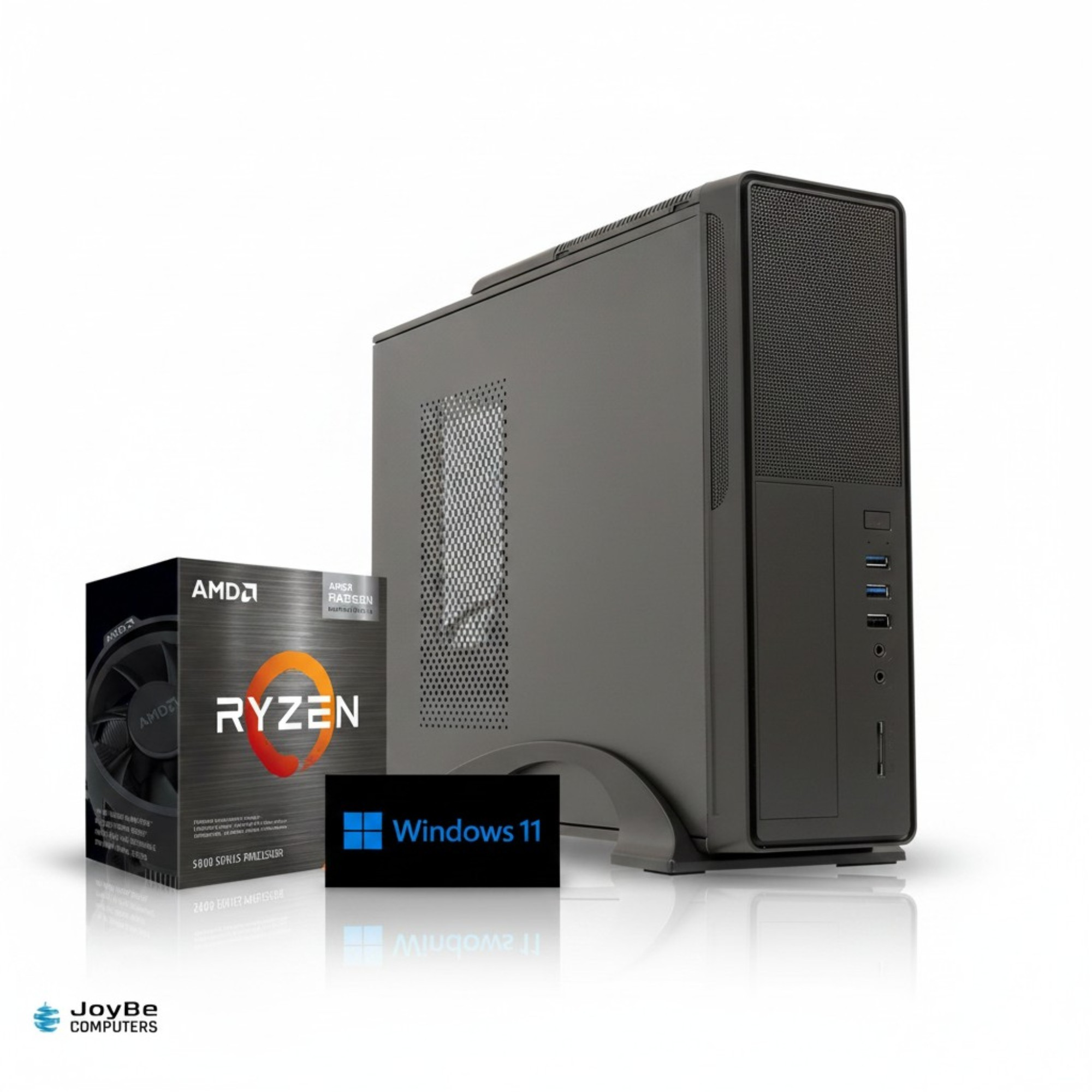 Una torre PC nera accanto a una scatola CPU AMD Ryzen e logo Windows 11.
