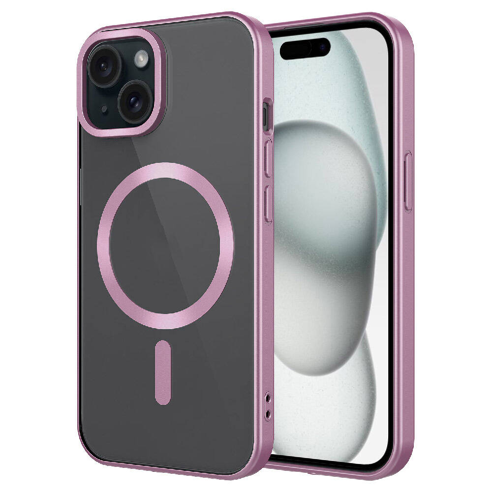 Şeffaf arkalı ve manyetik halkalı mor iPhone kılıfı.