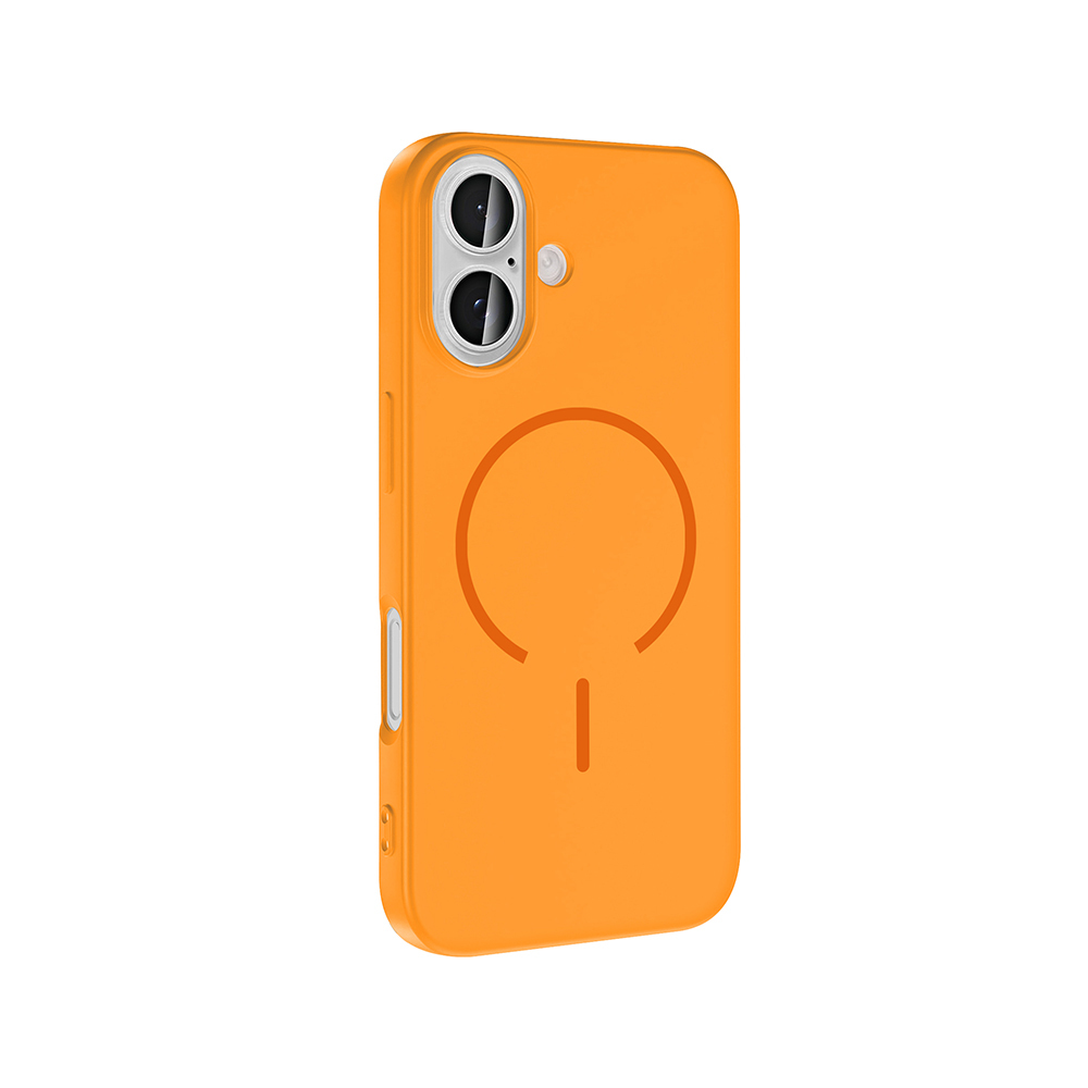 Kamera çıkıntısı ve manyetik halkalı turuncu telefon kılıfı.