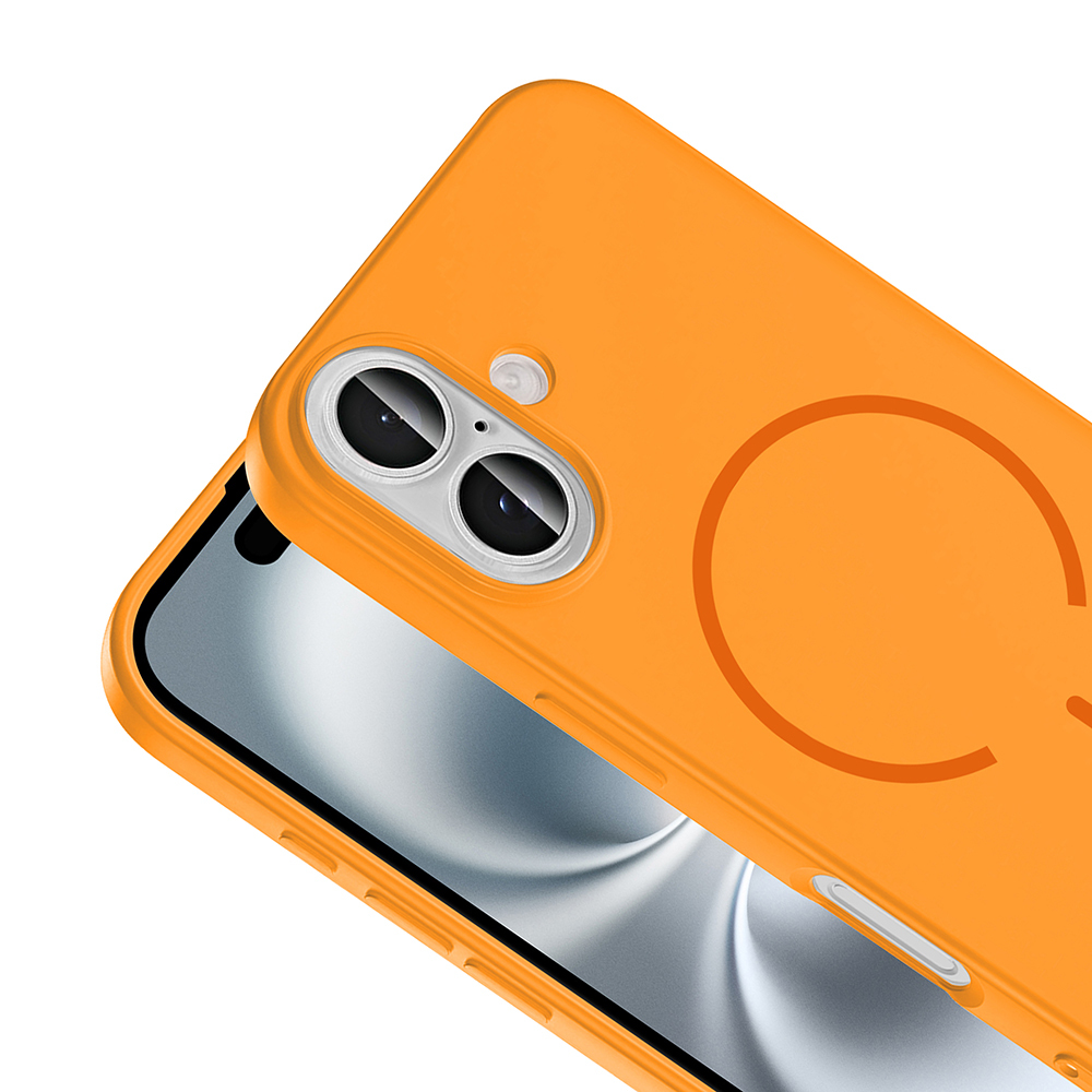 Çift kamera kesimli ve dairesel tasarımlı turuncu telefon kılıfı.