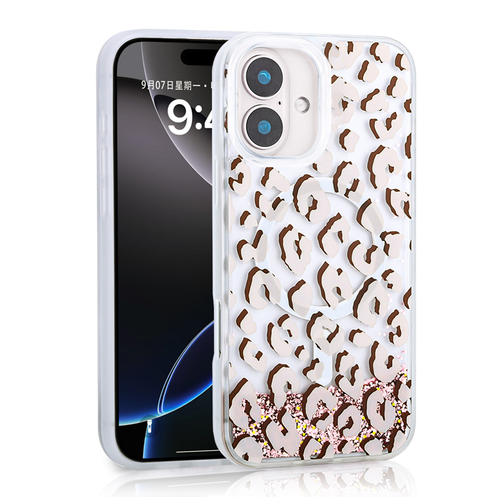 Leopar desenli ve simli aksesuarlı şeffaf telefon kılıfı.