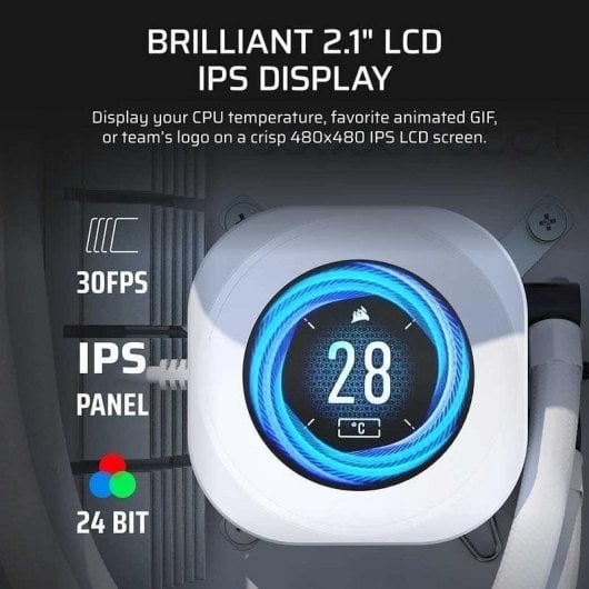 Ein weißes Lüftergehäuse mit einem 2,1-Zoll-IPS-LCD, das 28°C anzeigt.