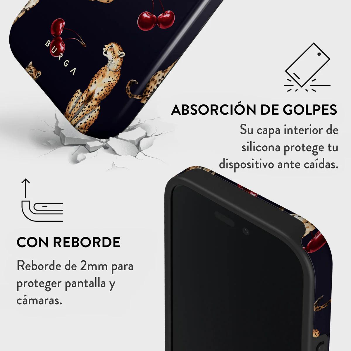 Coque avec motif léopard, cerises et logo BURGA, absorption des chocs.