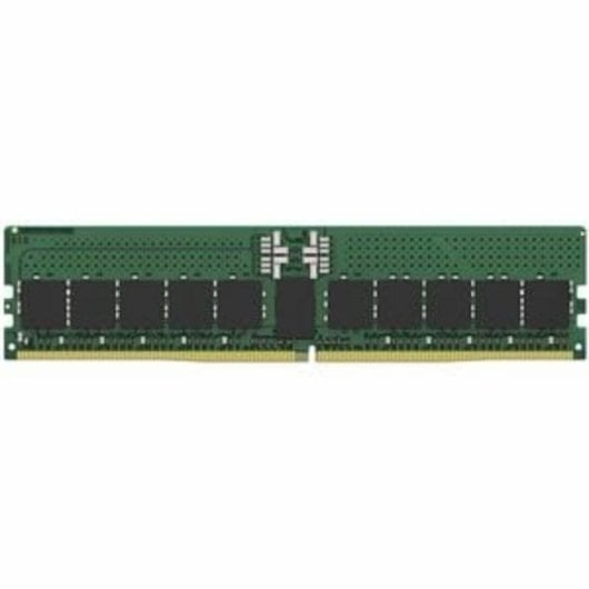 Groene computer RAM-module met zwarte chips en gouden contacten.