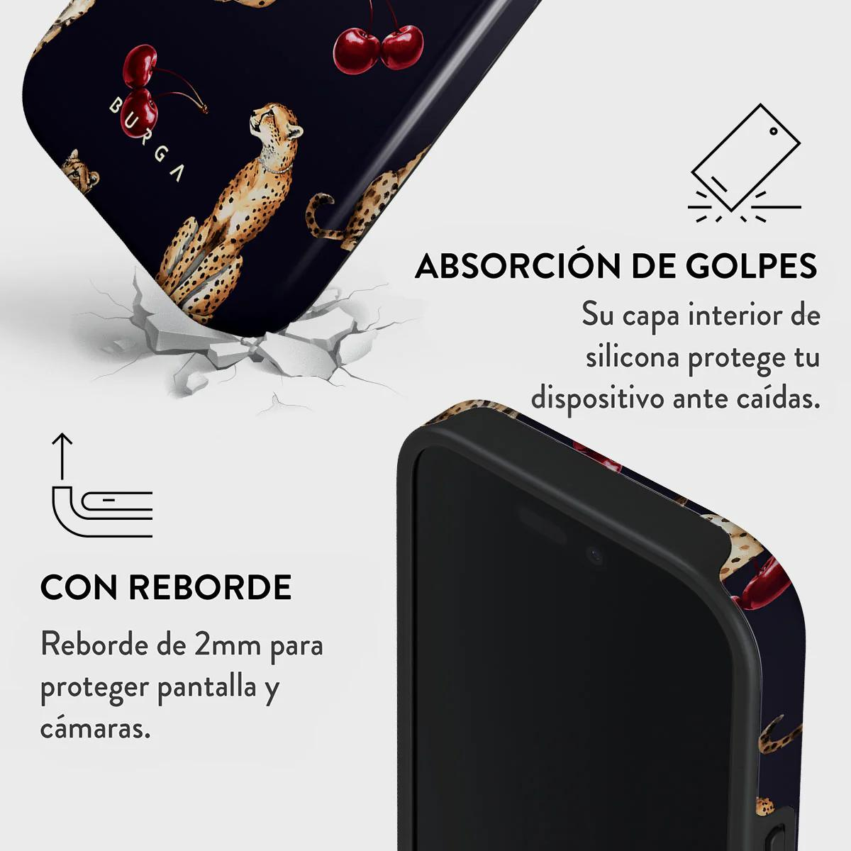 Coque de téléphone motif léopard et cerises, absorbant les chocs et surélevée.