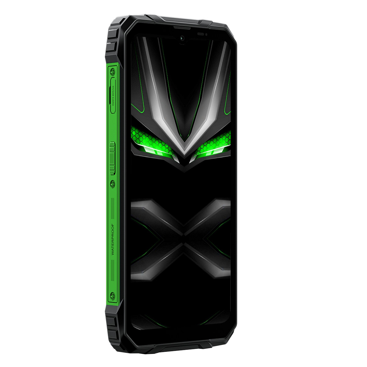 Uno smartphone robusto con corpo nero e accenti verdi. Lo schermo mostra un motivo astratto.