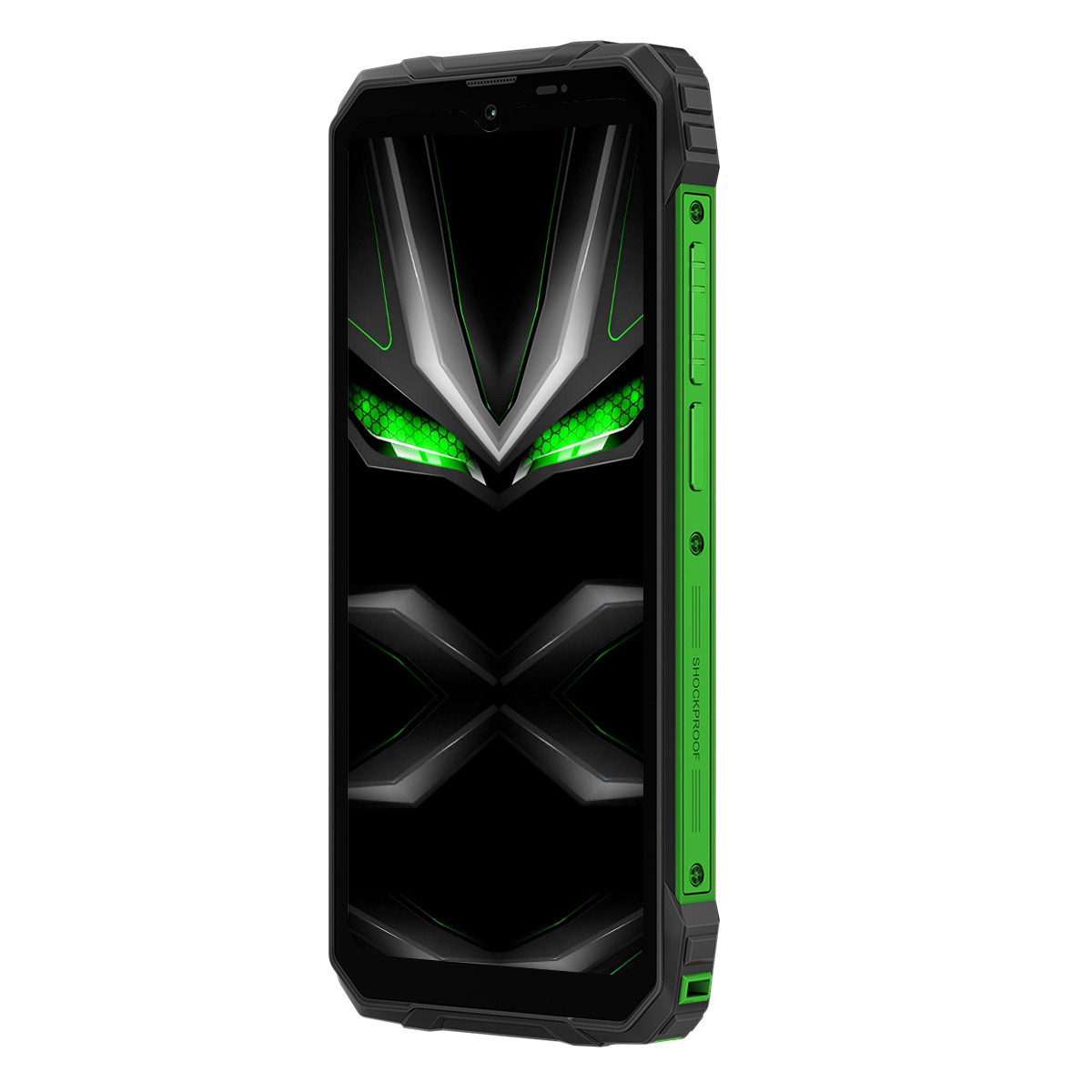 Uno smartphone robusto con accenti verdi e display futuristico. Ha una custodia nera.