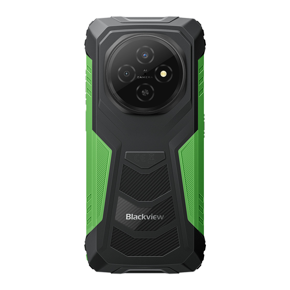 Smartphone robusto nero con modulo fotocamera circolare e accenti verdi.