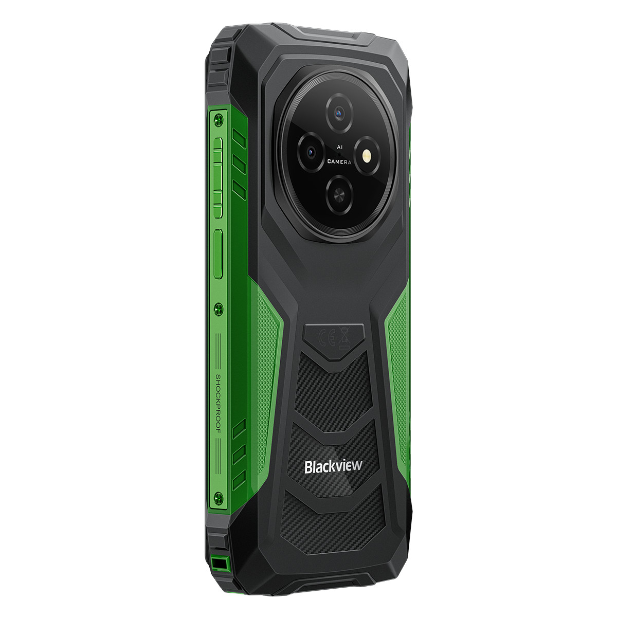 Smartphone robusto nero con accenti verdi. Presenta un array circolare della fotocamera e logo 'Blackview'.