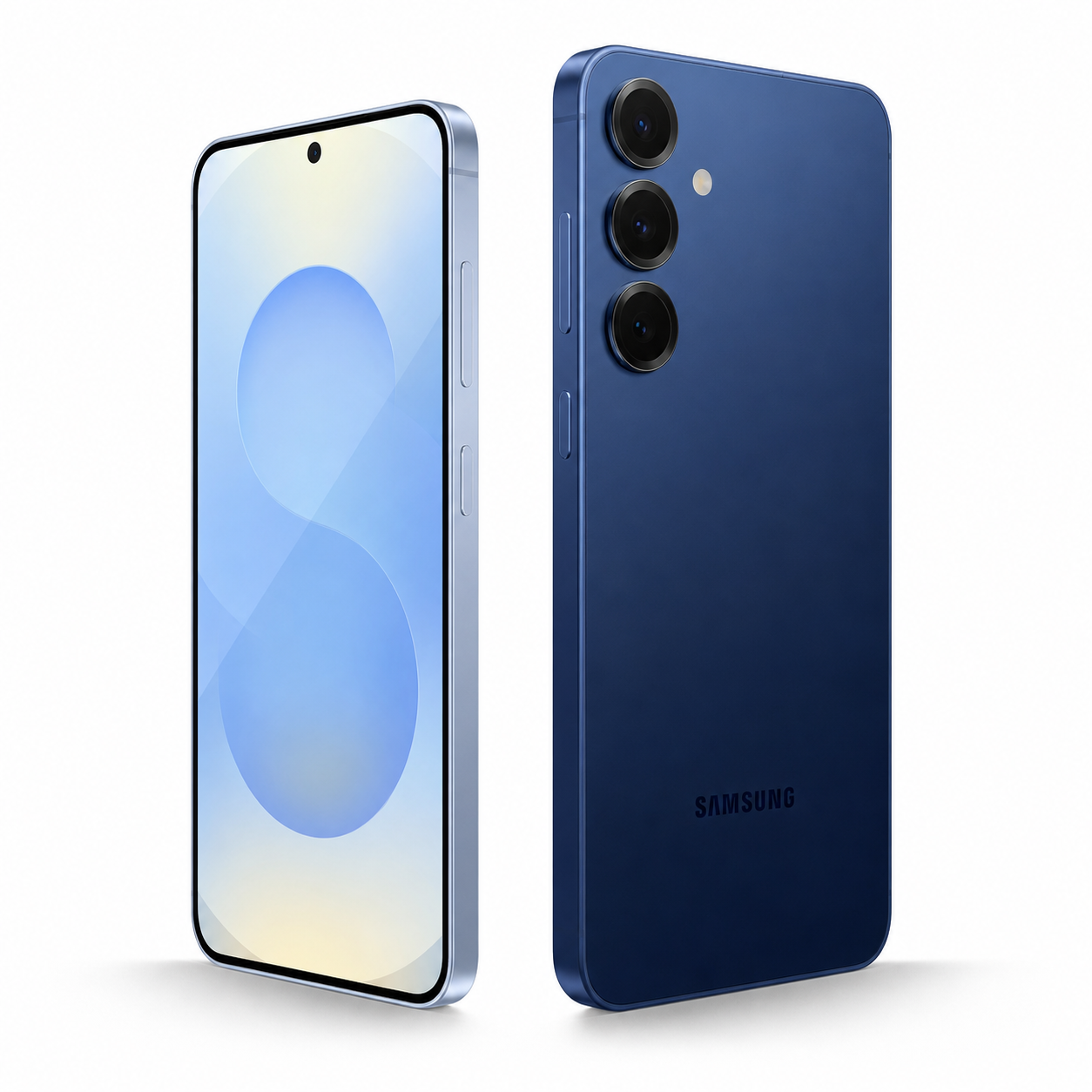 Due smartphone blu su sfondo bianco. Uno mostra lo schermo, l'altro il retro.