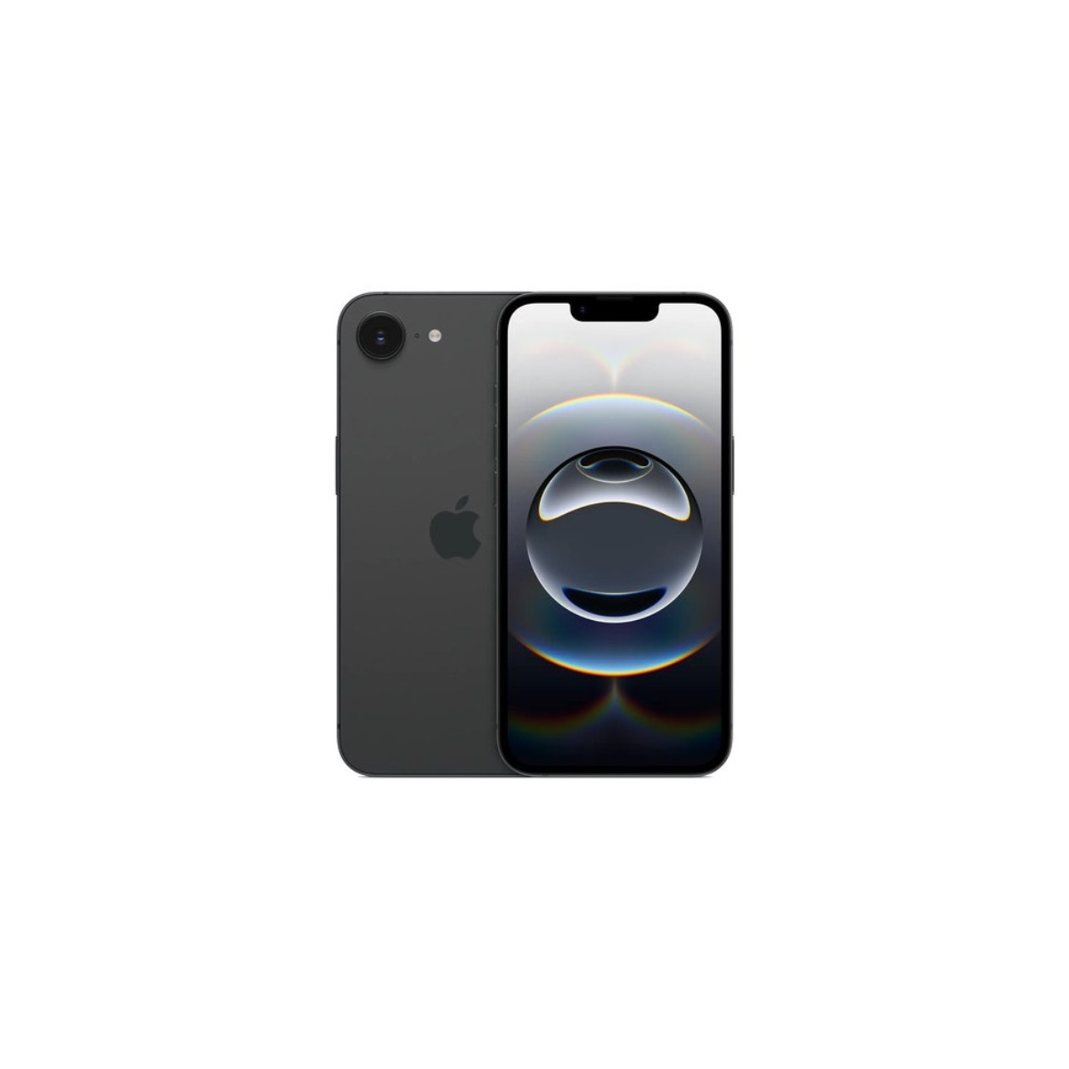 Un iPhone scuro che mostra il retro con logo Apple e lo schermo.