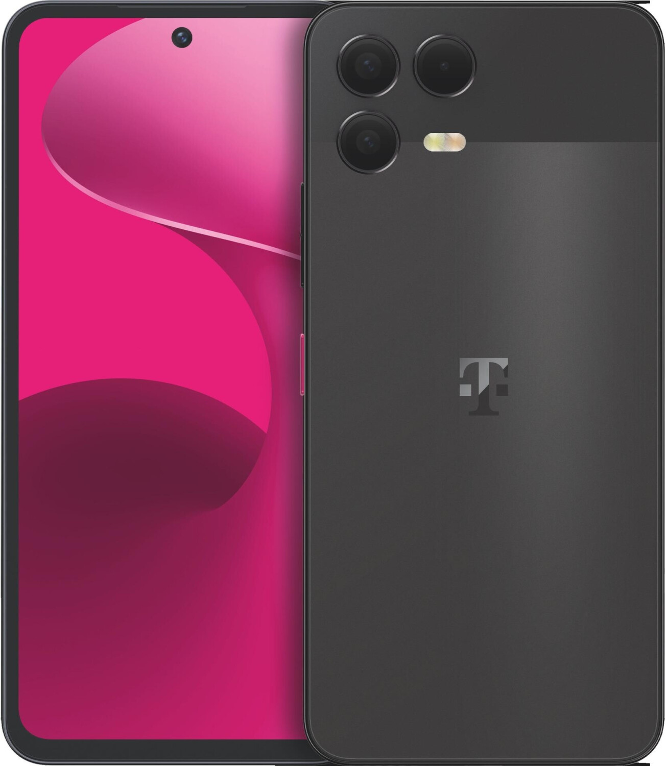Smartphone nero con tre fotocamere e flash. Sfondo rosa.