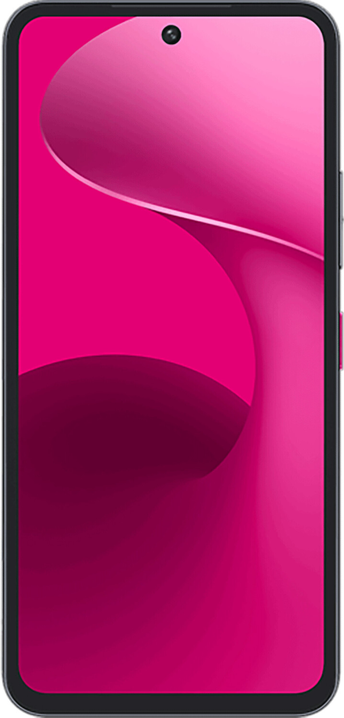 Uno smartphone con uno sfondo rosa vivace, forme morbide e curve e un ritaglio per la fotocamera.