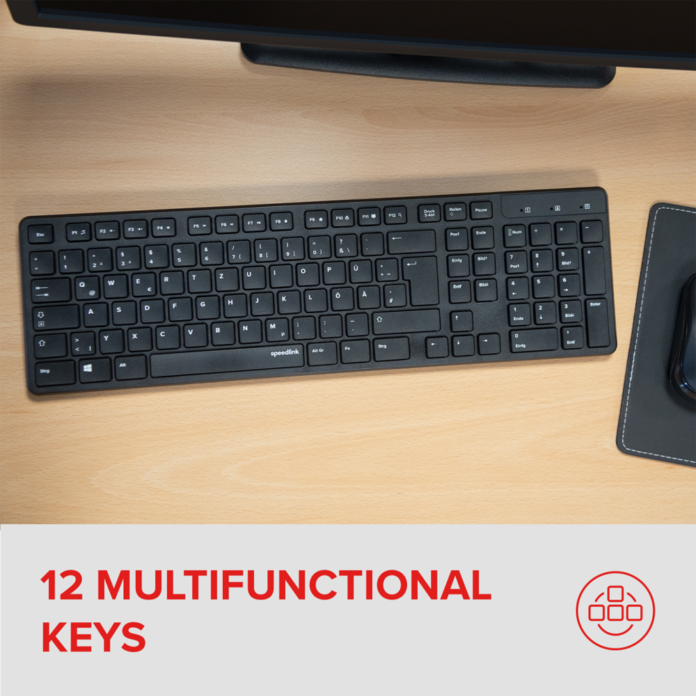 Un set di tastiera e mouse neri su una scrivania di legno con testo.