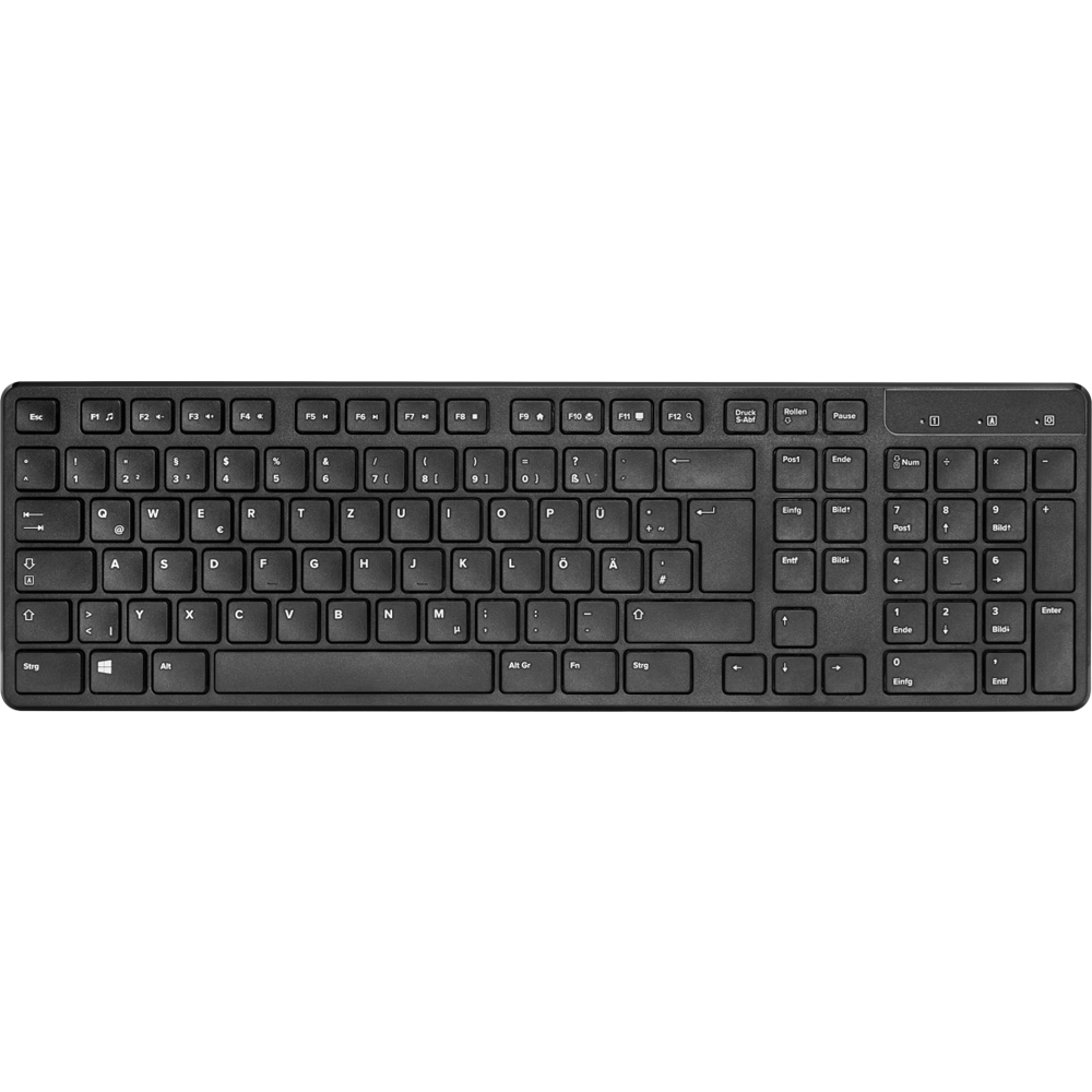 Una tastiera nera per computer con layout tedesco. Vista completa, centrata.