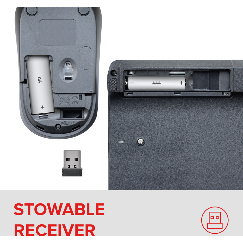 Primo piano del vano batteria del mouse e del ricevitore USB.