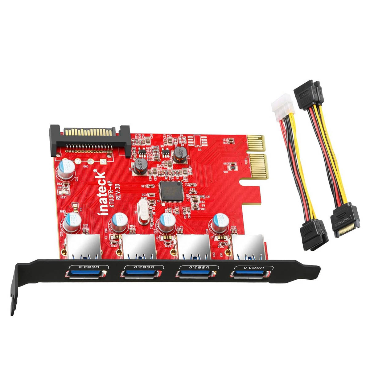 Rote Platine mit 4 USB 3.0 Anschlüssen, einem SATA-Anschluss und Kabeln.