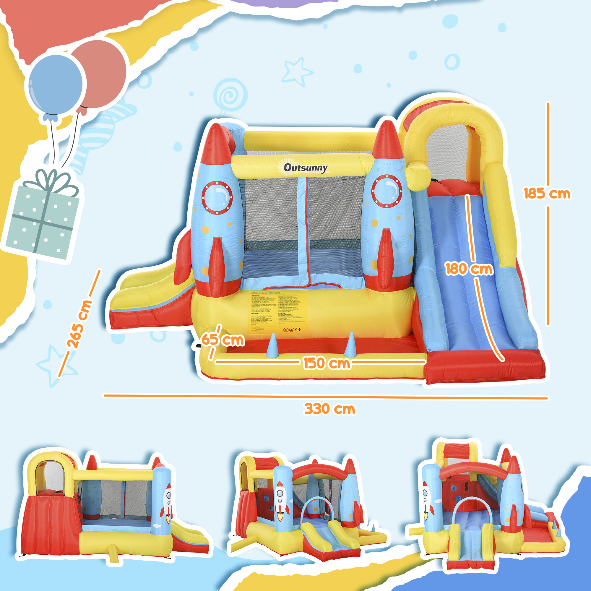 Castillo inflable con temática de cohete, tobogán y globos. Dimensiones mostradas.