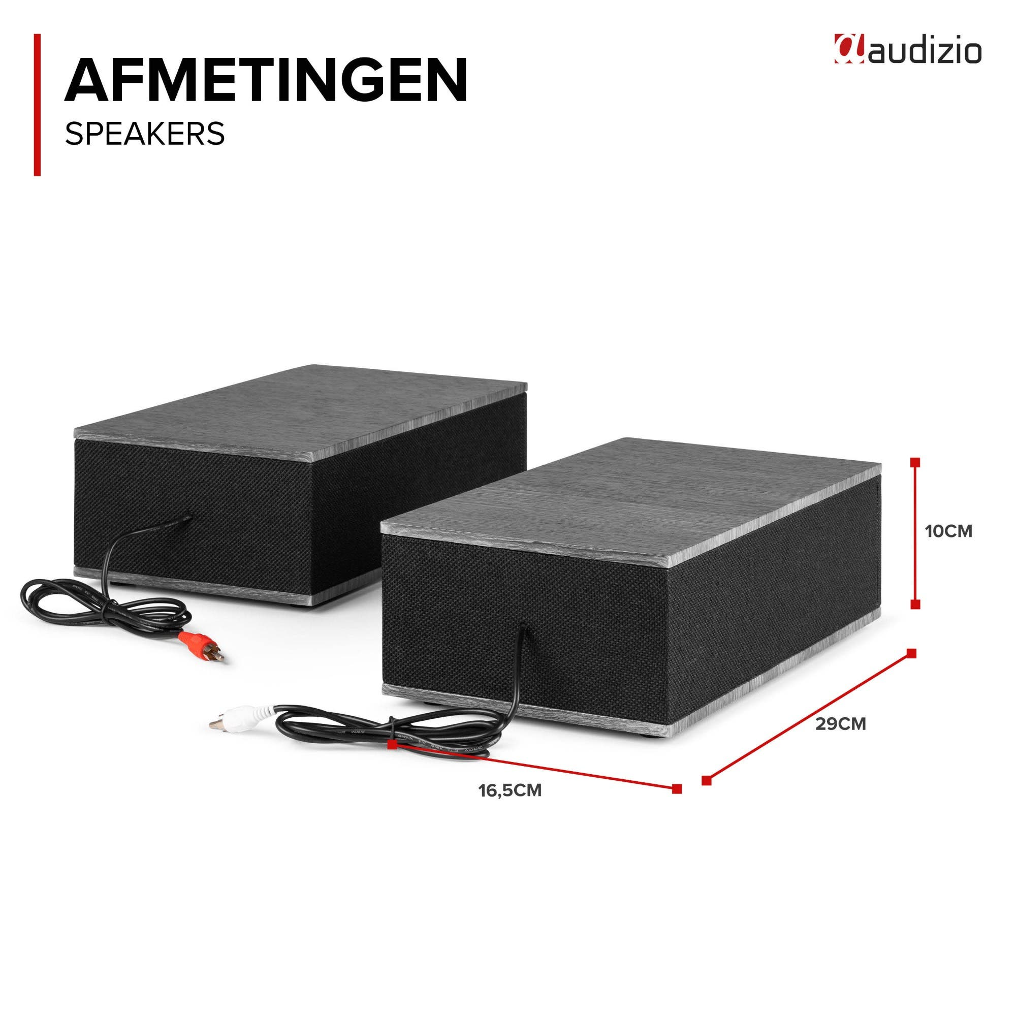Dos altavoces grises con frente de tela negra y cables. Se muestran dimensiones.