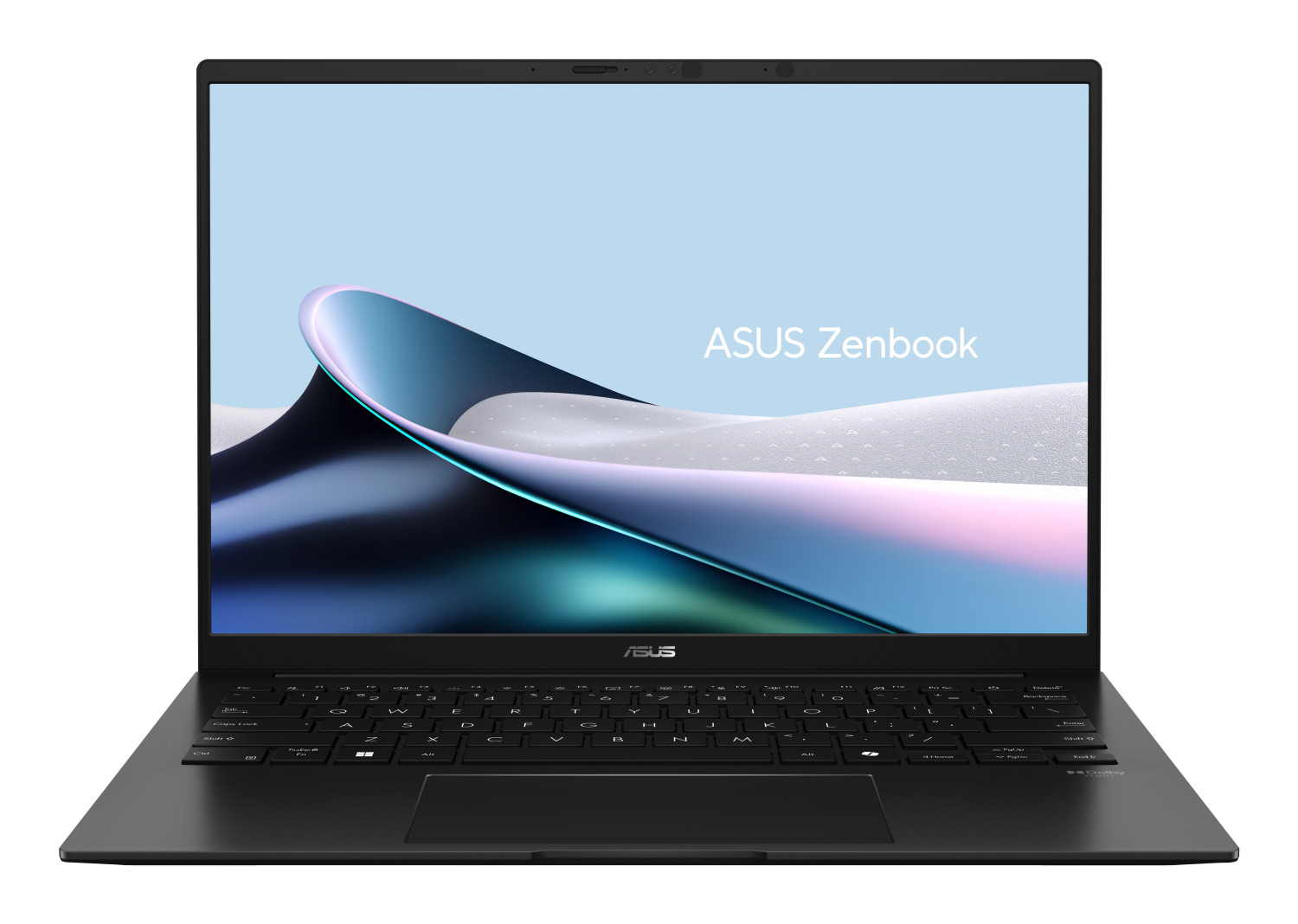 Laptop ASUS Zenbook nero con tastiera e touchpad. Lo schermo mostra un design astratto.