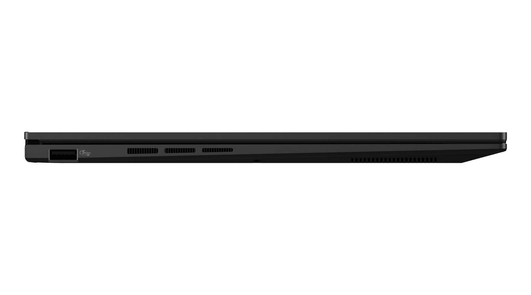 Lato laptop nero: porta USB, etichetta 5 Gbps, prese d'aria.