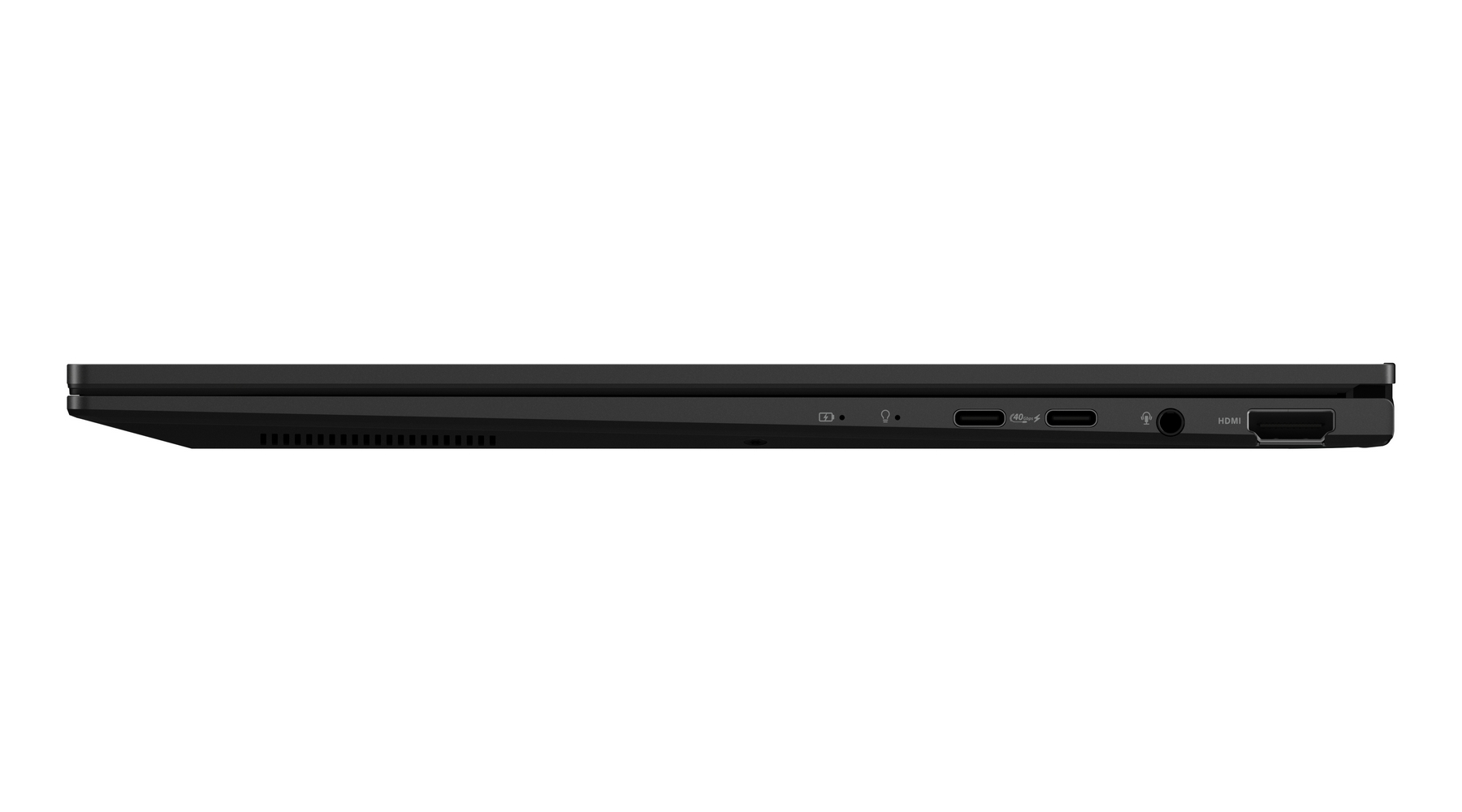 Lato del laptop nero con porte: 2x USB-C, jack cuffie, HDMI.