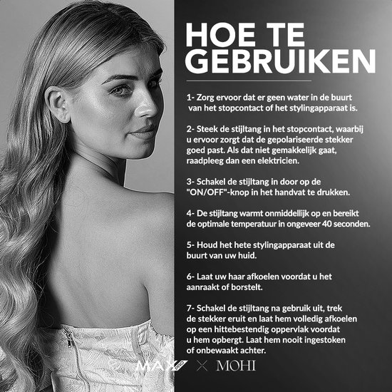 Woman with long, wavy hair and styling instructions next to her.