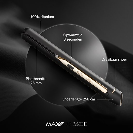 Black hair straightener with gold accents, 25mm plates, titanium, 8s heat-up.