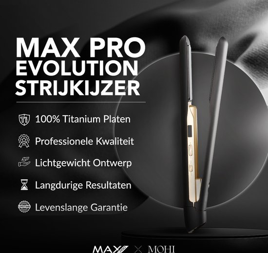 Max Pro Evolution hair straightener with titanium plates, professional quality, and warranty.