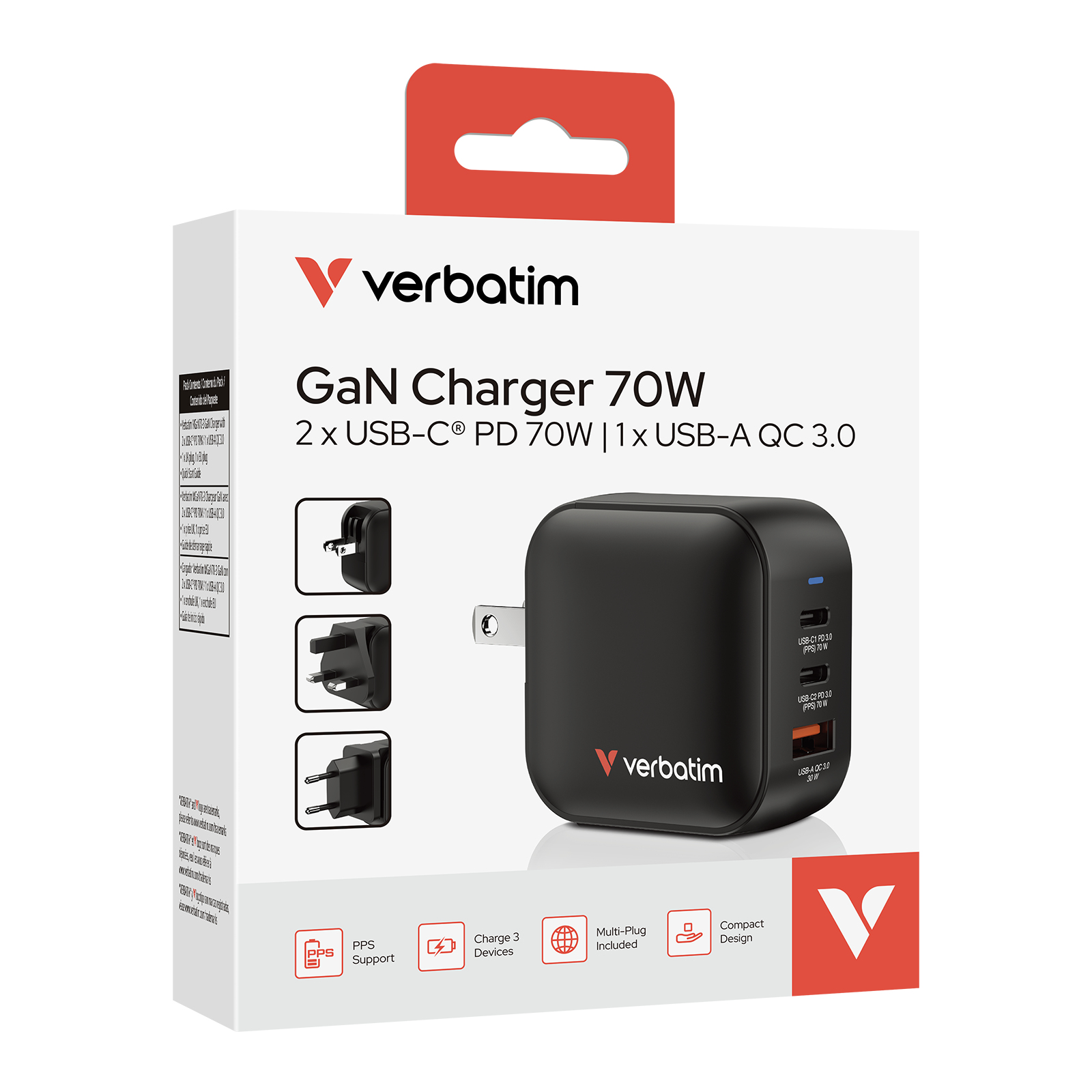 Verbatim 70W GaN Ladegerät mit 2x USB-C und 1x USB-A Anschlüssen, mit verschiedenen Steckern.