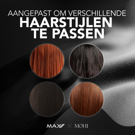 Quattro cerchi di colori di capelli: mogano, nero, castano scuro, castano rame. Testo: MAX X MOHI.