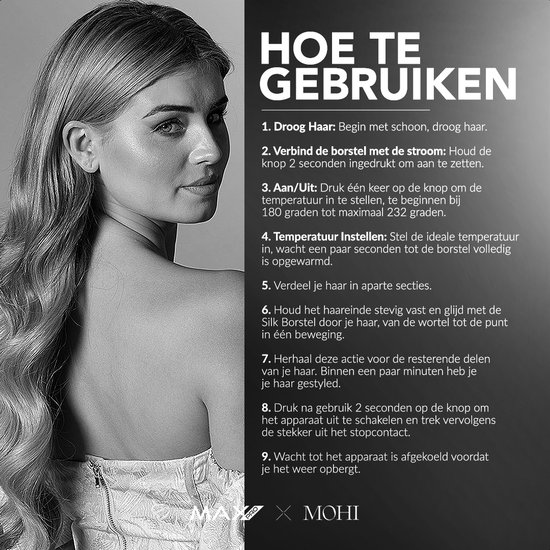 Foto in bianco e nero di una donna con lunghi capelli mossi e istruzioni per lo styling.