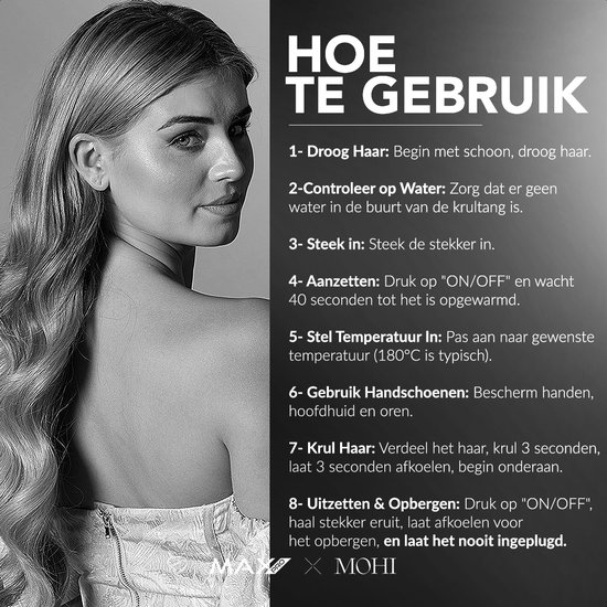 Femme aux cheveux ondulés, à côté des instructions d'utilisation d'un fer à friser.