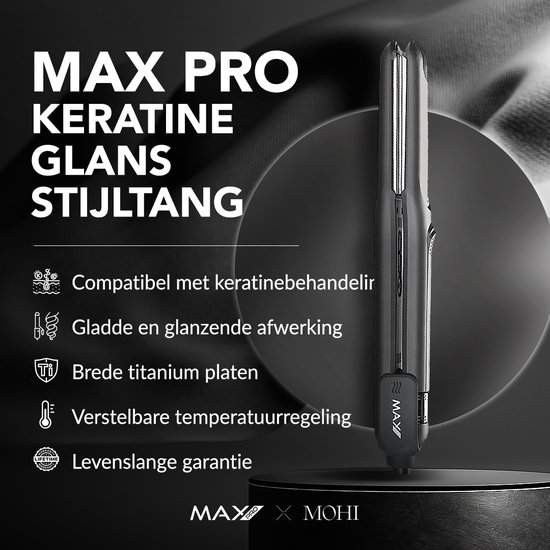 Una piastra per capelli nera intitolata MAX PRO KERATINE GLANS STIJLTANG.
