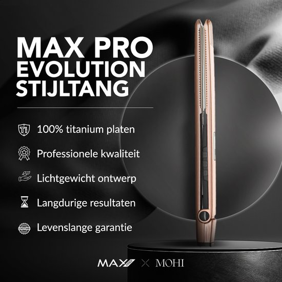 Max Pro Evolution Hair Straightener with 100% titanium plates, professional quality.