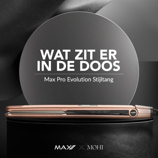 A rose gold Max Pro & Mohi hair straightener lies on a black surface.