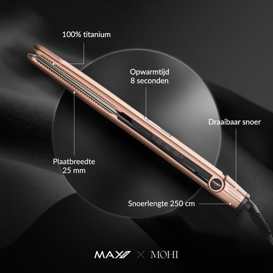 A rose gold flat iron with 100% titanium plates, 25mm width, heats up in 8 seconds.