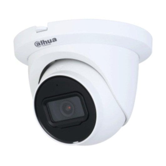 Una telecamera di sicurezza Dahua bianca con alloggiamento obiettivo nero è mostrata isolata su sfondo bianco.