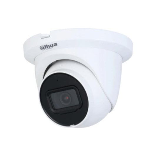 Una telecamera di sicurezza Dahua bianca con obiettivo nero e luce IR rossa.
