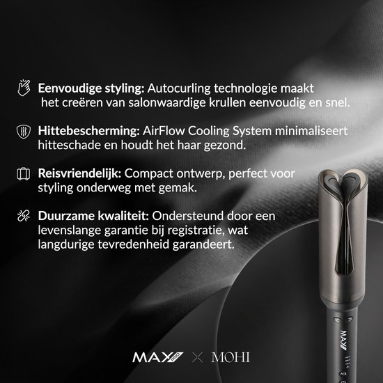 Ein Lockenstab mit Text auf Niederländisch über Styling, Hitzeschutz und Qualität.