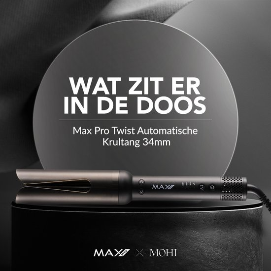 Ein automatischer Lockenstab von Max Pro Twist 34mm liegt auf einer schwarzen Tasche.