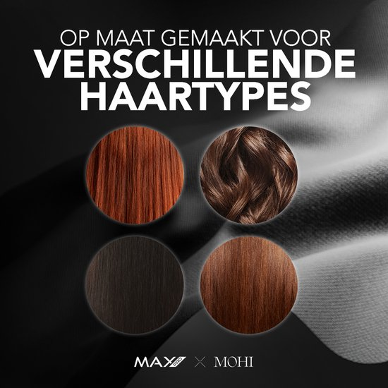 Vier Kreise zeigen verschiedene Haarfarben und -texturen auf schwarzem Grund.