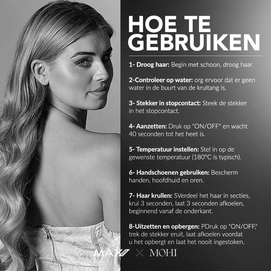Black and white portrait of a woman with blonde hair, instructions for using a curling iron.