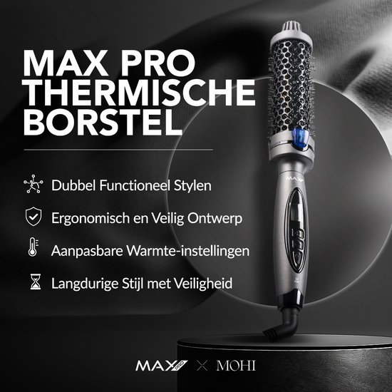 Ein silberner THERMISCHE BORSTEL von MAX PRO mit blauen Akzenten steht auf einem Sockel.