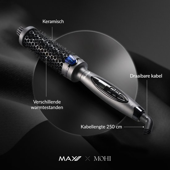 Ein grauer Lockenstab mit Keramikbeschichtung, verschiedenen Wärmestufen und einem 250cm Kabel.