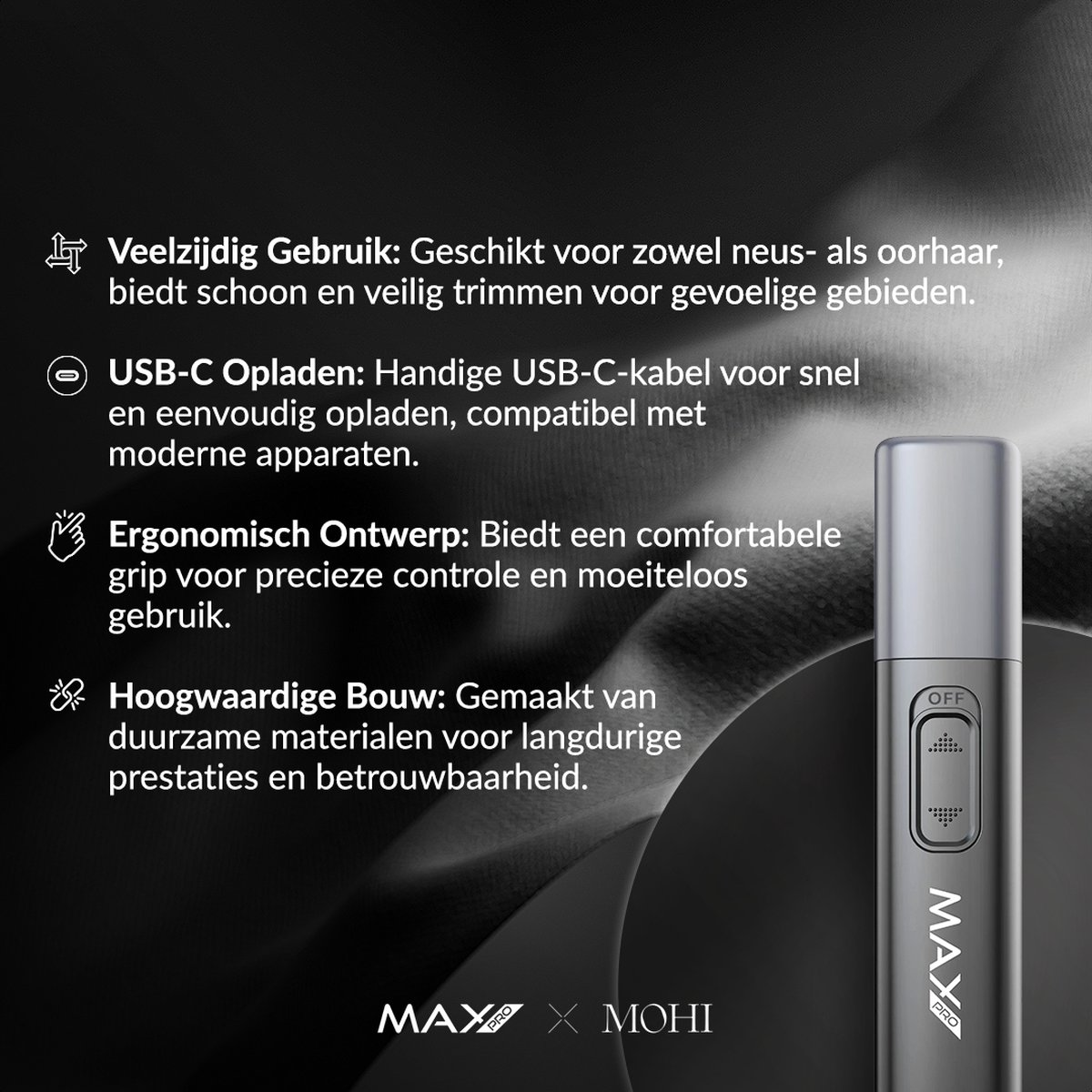 A silver trimmer with text. Versatile, USB-C, ergonomic, durable.